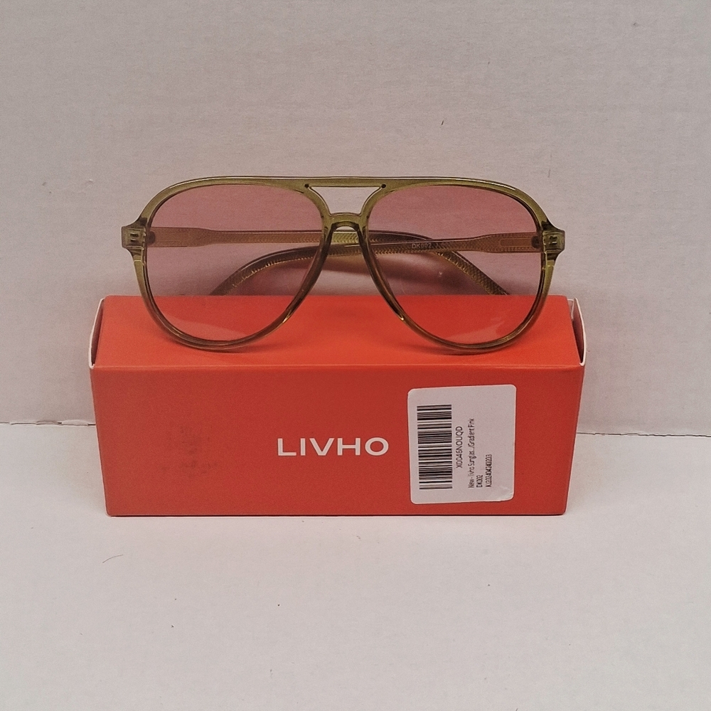 Livho Retro Women's Gradient Pink Lens Green Frame Sunglasses With Carry Bag New
